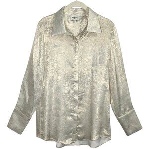 Choklate Paris Metallic Satin Button Down Gold Ecru Shimmer Blouse L